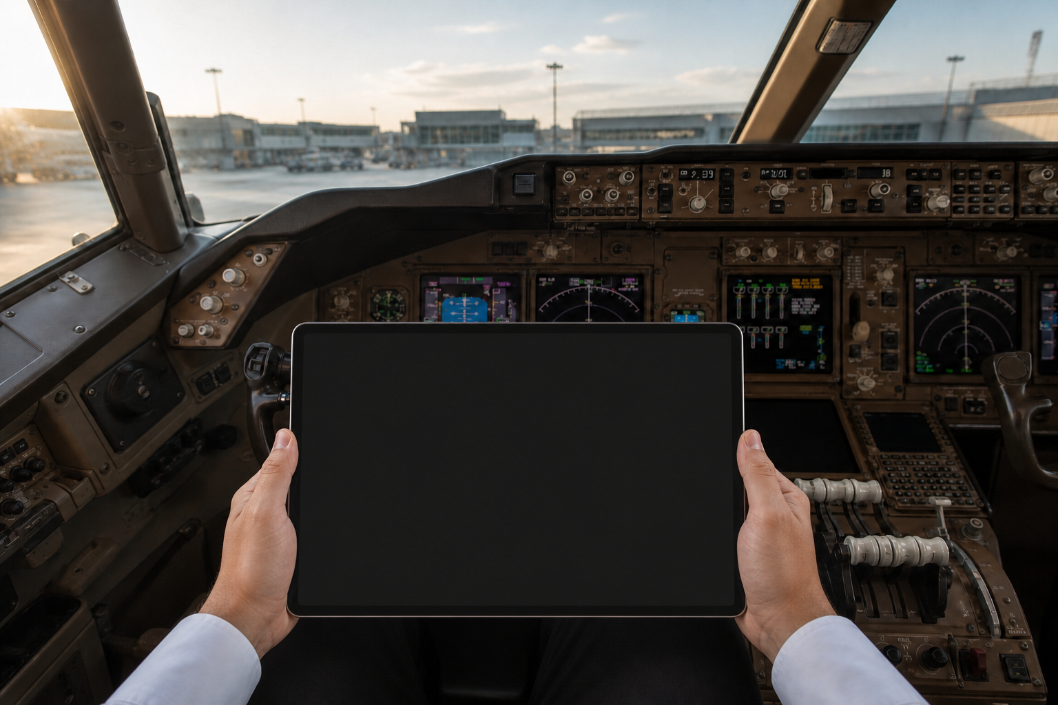 View from a Boeing 747 flight deck with a pilot holding a tablet