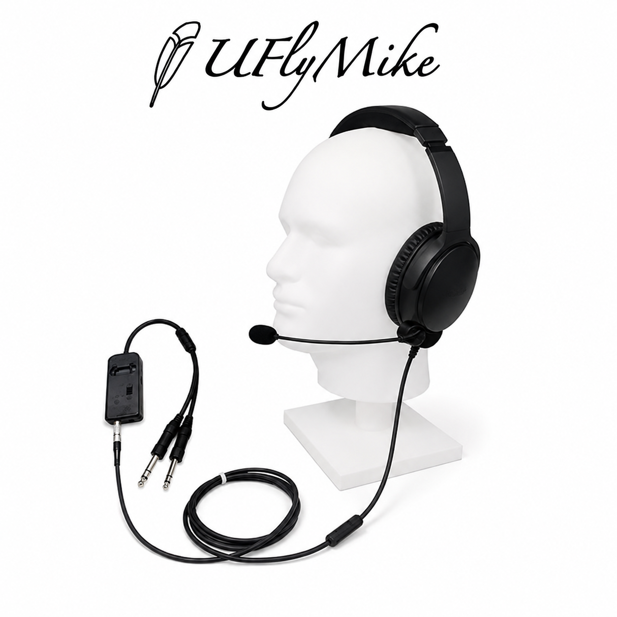Complete UFlyMike headset, microphone, control box, plugs, and cable setup