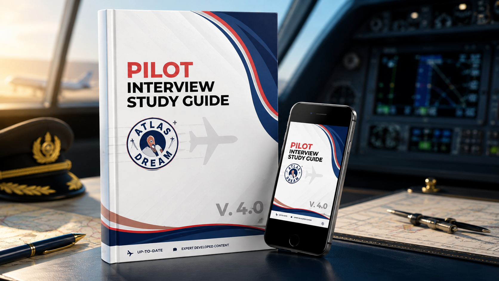 Pilot Interview Study Guide book and mobile edition in an aviation briefing setting