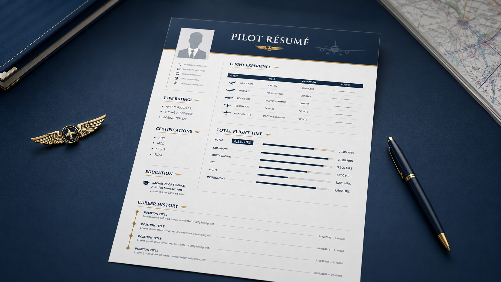 Sample aviation pilot résumé with flight experience, ratings, certifications, and flight-time summary