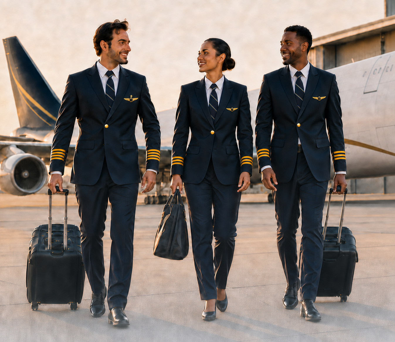 A diverse three-pilot crew in Atlas-style uniforms with striped ties, correct rank wings, and no shoulder epaulets