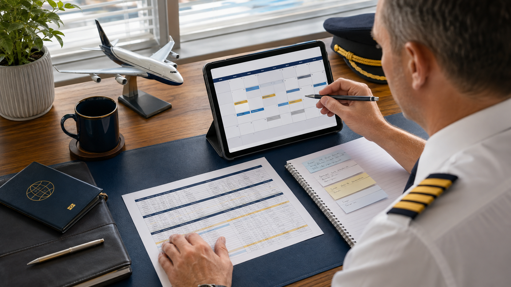 Pilot reviewing an introductory monthly schedule at a desk