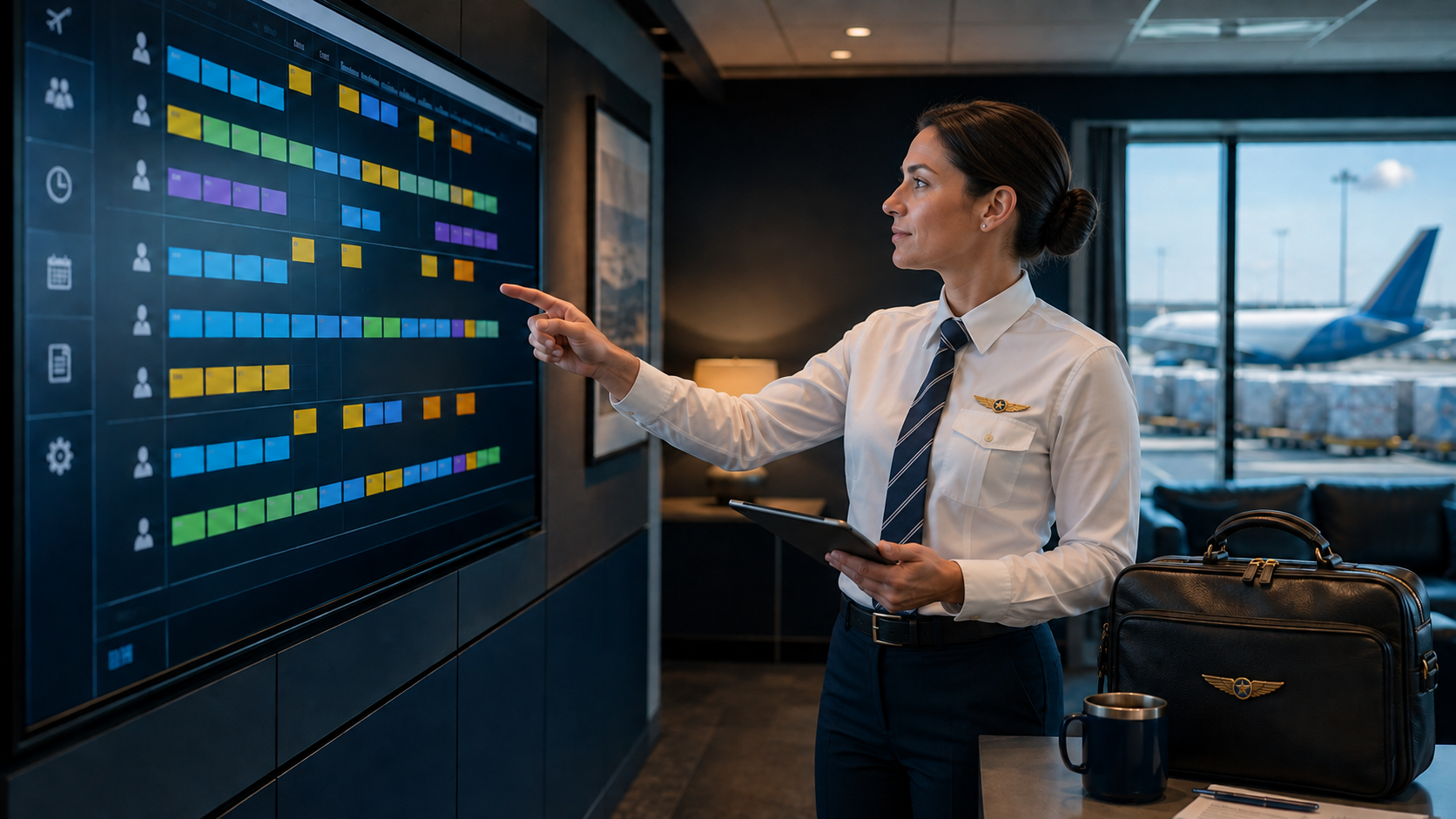Female cargo pilot refining roster choices in an airport crew room