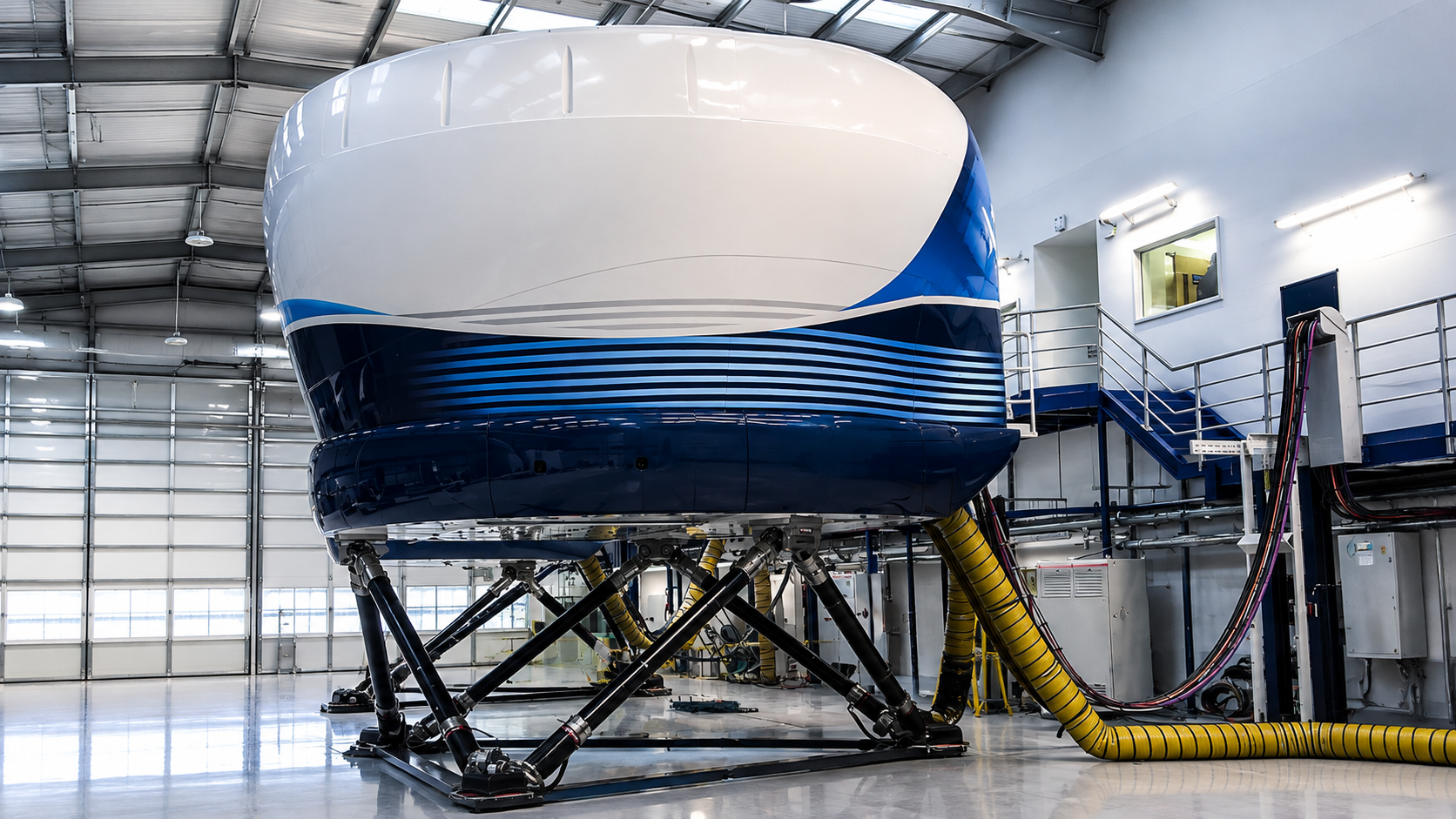 Widebody full-flight simulator elevated on a hydraulic motion platform inside a training facility